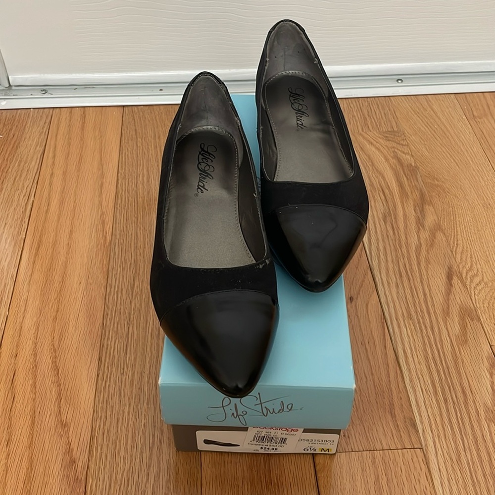 Life stride, patent leather tip, and black suede flat